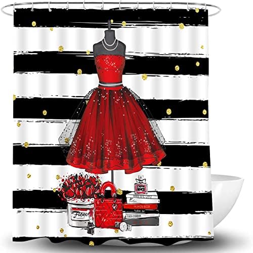 GURMQIK שמלה אדומה וילון מקלחת אופנה ילדה שחור לבן פסים איפור זהב פולקה נקודה וילונות עיצוב אמבטיה מודרני