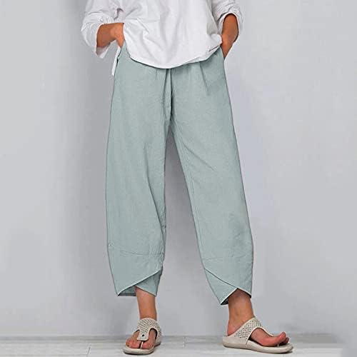 מכנסי קפרי פשתן כותנה לנשים מותניים אלסטיים מכנסיים קצוצים ברגליים רחבות