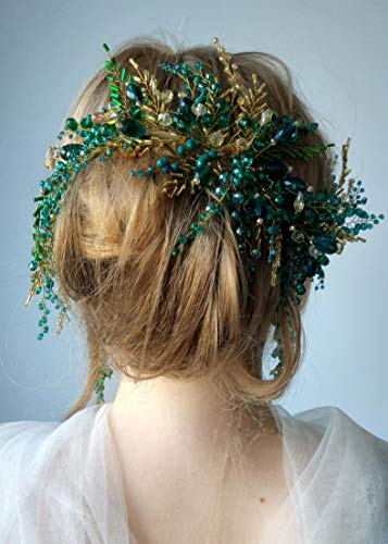 ירוק חרוזים כיסוי ראש עם עגילי זהב בגימור עבור כלות צד סרט שיער אביזרי בציר חתונה תכשיטים בעבודת יד