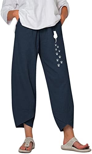 מכנסי כותנה של מיאשוי לנשים מזדמנים נשים קטנות מכנסיים מזדמנים מכנסיים מודפסים מכנסיים מותניים אלסטיים