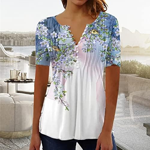 חולצת טי קיץ מזדמנת של קיץ לנשים V צוואר חולצות טוניקה קפלים חולצות טוניקה צבעוניות הדפס פרחוני צבעוני שרוול