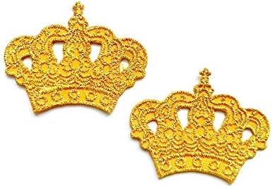 הסט של 2 זעיר. מיני נסיכה זהב כתר זהב לוגו מצויר חמוד אפליקציה רקום תפור על ברזל על טלאי לתרמילים