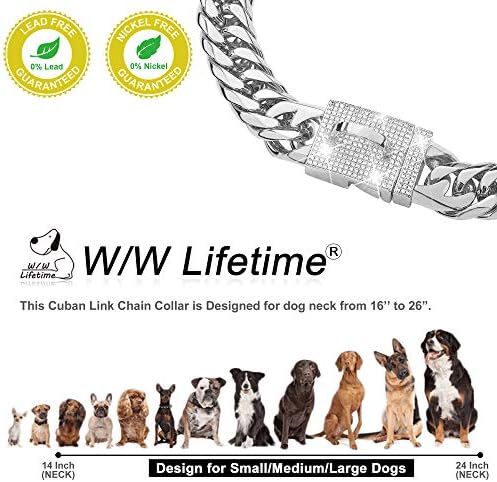 W/W Lifetime שרשרת כלבים צווארון הליכה צווארון שרשרת מתכת עם אבזם מאובטח עיצוב, קישור קובני כסף חזק חובה
