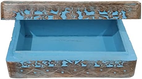 קופסת מעץ מעץ מעץ 'עץ החיים': לתכשיטים, תכשיטים, קלפים או שקיות תה, כחול וינטג '
