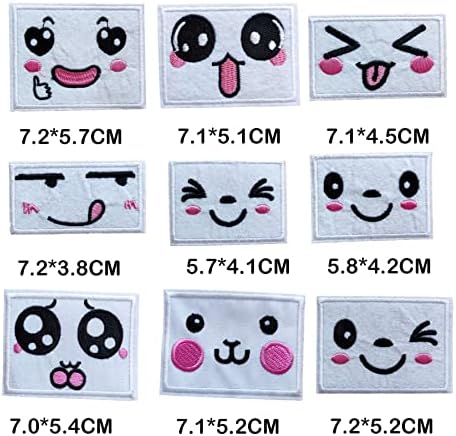 9 יחידים מרובעים חמודים משעשעים חיוך לבן פנים ברזל על תפירה על טלאי, ביטוי מצחיק טלאי רקום סמל