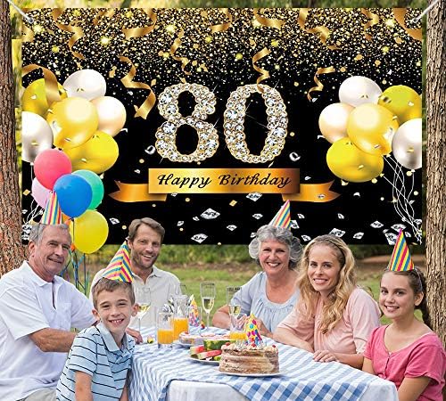 קישוט מסיבת יום הולדת 80, פוסטר שלט זהב שחור גדול במיוחד אספקת מסיבת יום הולדת 80, באנר רקע 80 שנה לתא צילום רקע