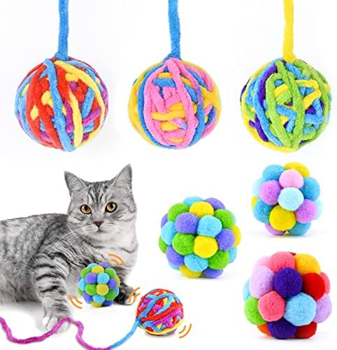 סרג ' וק 6 יחידות חתול כדור צעצועי עם פעמון, צמר חוט חתול צעצוע כדורי עם רחש קול, חתול פומפונים