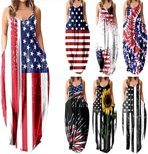 4 יולי מקסי שמלה לנשים קיץ מזדמן בוהו שמלת ארה ב דגל סקופ צוואר קאמי שרוולים כוכבים פסים שמלות קיץ