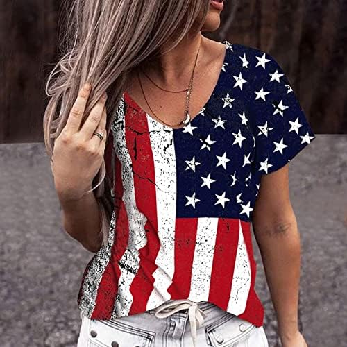 Comigeewa Vneck חולצות לנשים בלוק צבע שרוול קצר אמריקאי מפוס אמריקאי חולצות מזדמנים של גברות 2023 NB