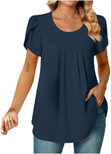 חולצת צוואר עגולה עגולה עם שרוול קצר של נשים בצבע מוצק מזדמן קפלים קפלים על חולצה רופפת.