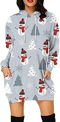 נשים של נים שמלות חג המולד 3 ד מודפס כובע צווארון מיני שמלת רופף מזדמן ארוך שרוולים סוודר שמלה קיצית