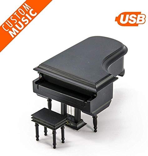 מיניאטורה מט מט -שחור פסנתר קופסת מוסיקה עם ספסל - קופסת תכשיטים בהתאמה אישית עם 2 תאים - 15 שירים MP3