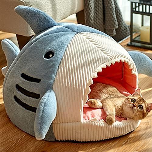 מיטת מערת חתול בצורת כריש עם כרית עבה, חתלתול בית חם רך לחתולים מקורה תחתית נגד החלקה, אוהל כרית מרופדת