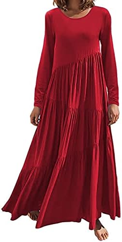 נשים של נדנדה שמלות אופנה מוצק צבע ארוך שרוולים עגול-צוואר שכבות קפלים שמלה קיצית החוף מקרית מקסי שמלה