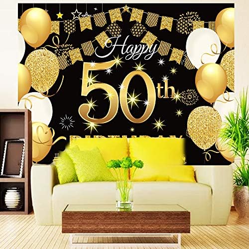 סאליאה 7 על 5 רגל רקע יום הולדת שמח 50, קישוט מסיבת יום הולדת שמח, שלט יום הולדת זהב שחור פוסטר