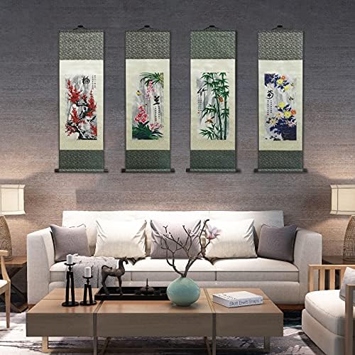 משי גלילה ציור אסיה קיר תפאורה 4 צדיקים גברים פרחים - שזיף סחלב במבוק חרצית יפה סיני אמנות קיר