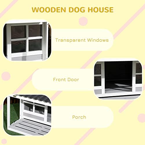 בית כלבי עץ פאווט חיצוני עם מרפסת, מקלט כלבים מורם בסגנון בקתה עם גג PVC, דלת כניסה, חלונות,