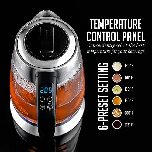 Ovente זכוכית חשמלית קומקום דוד מים חמים 1.8 ליטר BPA בחינם - 1500W W/infuser מפלדת אל חלד, בקרת טמפרטורה