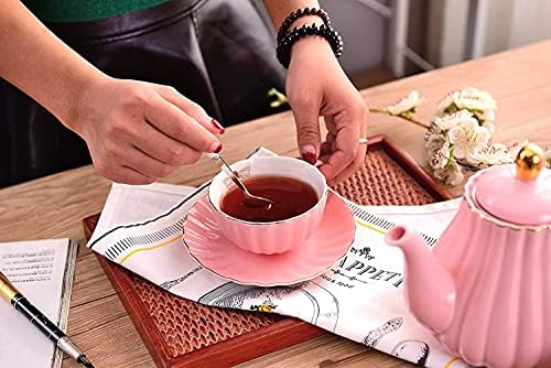 ערכת תה חרסינה בסגנון יורו עם מעמד תצוגה, קומקום עם 4 כוסות תה ודבורה של צלוחיות-זהב בתוך הספל