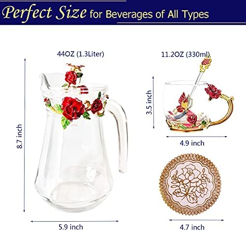 ערכות תה מפוארות של זכוכית פרחים לנשים, ספל קפה מפואר 10oz של 2 עם 2 עם כפות, פרפר פרחים פרחים קומקום
