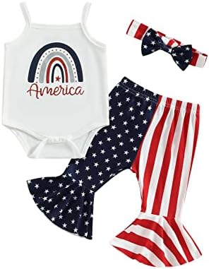 לין ובאבי תינוקת יילוד תינוקת 4 ביולי תלבושות גוף גוף רומפר ללא שרוולים+מכנסיים תחתון דגל אמריקה.