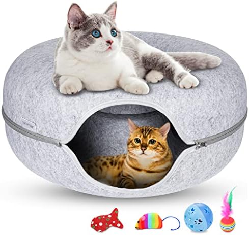 מיטת מנהרת חתול לובאטי לחתולים מקורה, מיטת מערת חתול גדולה עם 4 צעצועים, מיטת סופגנייה חתול עמידה בפני שריטות