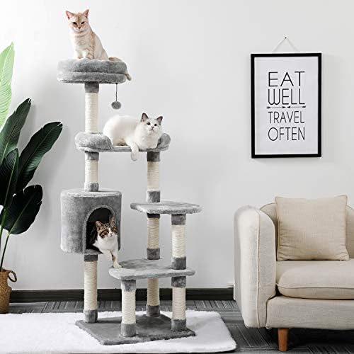 חתול עץ רב רמת שטח יעיל חתול לשחק מגדל חצי קטיפה חצי סיסל חתול גרוד עם דירה מיטת מוט אפור גובה 120 סמ