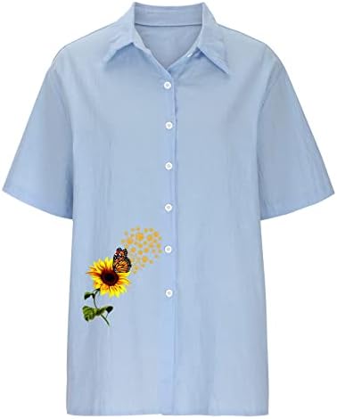חולצות פשתן כותנה לנשים כפתור קיץ למטה חולצות שרוול קצר חולצות חמניות הדפס חמניות טוניקה