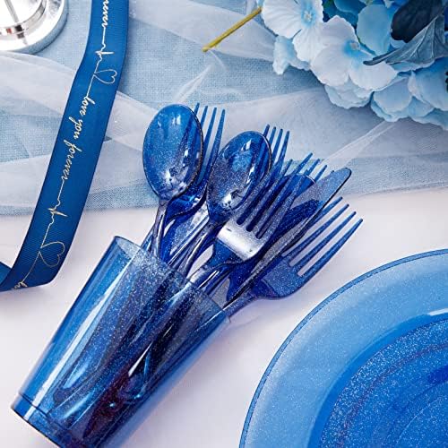 ווליף 180 יחידות צלחות פלסטיק כחולות-צלחות כחולות כבדות עם כלי כסף וכוסות חד פעמיות, כולל 30 10.25