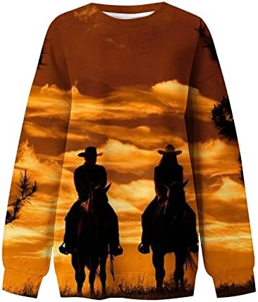 Oplxuo נשים סוס יצירתי תלת מימד תלת מימד סווטשירטים מודפסים חידושים מערביים סוודר גרפי מערבי שרוול ארוך שרוול