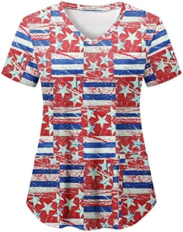 4 ביולי חולצות לנשים דגל אמריקאי קיץ שרוול קצר חולצות עם 2 כיסים חולצות בגדי עבודה מזדמנים לחג