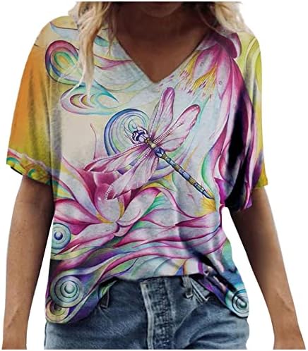 NARHBRG קיץ 3/4 חולצות שרוול צמרות טוניקה נשים בנות נערות מצוירות חמודות הדפס חולצת צוואר עגול בצוואר צבעוני