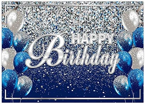 PrainityTree 7x5ft כחול כחול יום הולדת שמח מסיבת יום הולדת תפאורה כסף נצנצים בלונים רקע גברים נשים בנים