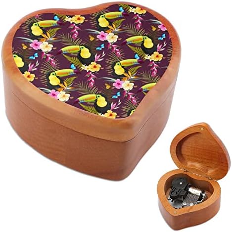טוקאנים ופרחי היביסקוס קופסת מוזיקה מעץ קופסת מעץ צורת לב צורת קופסאות מוזיקליות מודפסות ליום הולדת ולנטיין יום