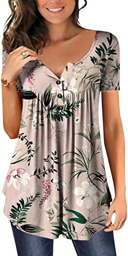 נשים חולצות להסתיר בטן טוניקת מודפס טרנדי 2023 מזדמן מתגנדר חולצות כפתור עם צווארון למעלה קצר שרוול זורם
