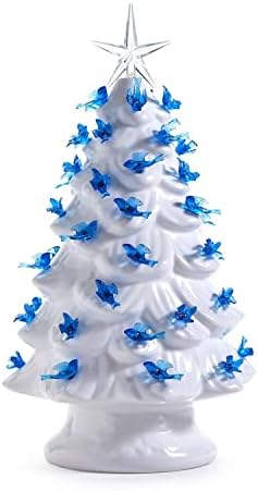 חג מולד כחול ולבן אור עץ וינטג 'עם יונים כחולים וטופר כוכבים
