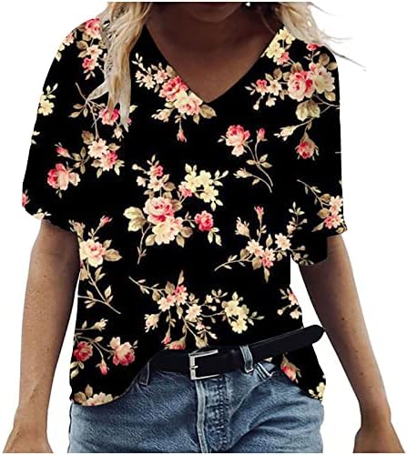 צמרות קיץ נשים 2023 שרוול קצר לבוש מזדמן V צוואר חולצות טורטרים פלוס חולצה פרחונית בגודל חמוד טיז חולצות טרנדיות