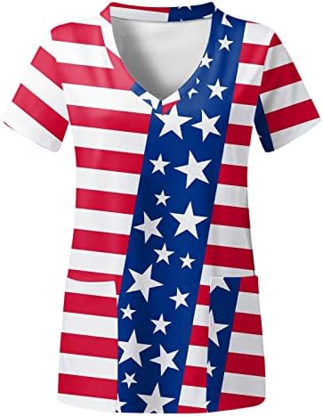 4 ביולי חולצת טי לנשים דגל ארה ב קיץ חולצת טי עם צווארון שרוול קצר עם 2 כיסים חולצות בגדי עבודה מזדמנים