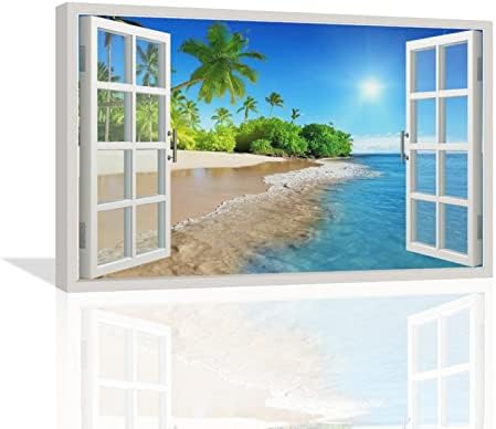 חוף אמבטיה קיר אמנות חוף חוף עצי דקל תמונות תפאורה קיר ים כחול 3D חלון נוף נוף בד ציור הדפס
