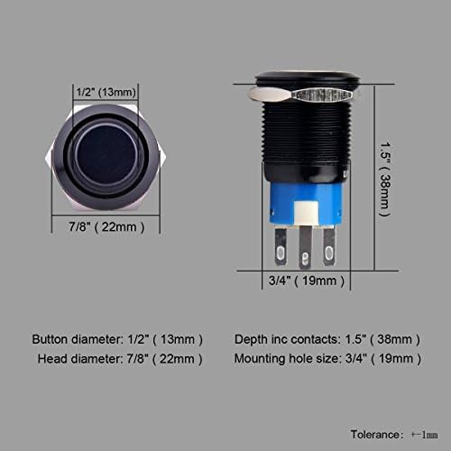 כפתור לחיצה רגעי מתג Ulincos U19C3 1NO1NC מעטפת מתכת שחורה עם טבעת LED כחולה 12V מתאימה ל -19