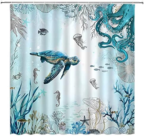 Aembee וילון מקלחת ימי צב אוקיינוס ​​תמנון זרוע ים סוס ים טללי דגים דגים חוף אלמוגים שונית אלמוגים חיי ים