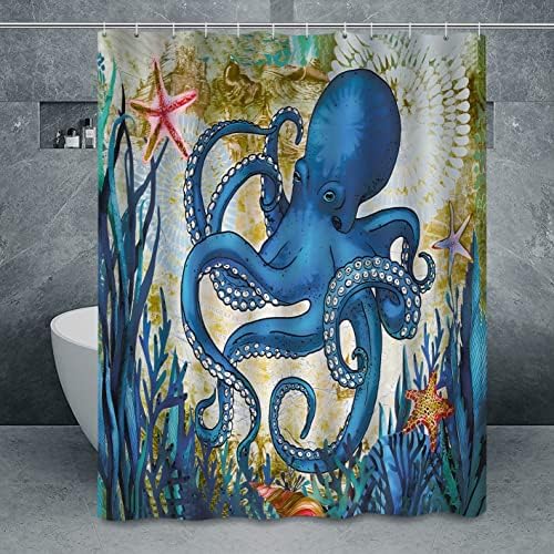 DEPHOTO וילונות מקלחת תמנון לחדר אמבטיה כחול ימי קרקן ימי אוקיינוס ​​מתחת למים פוליאסטר בד קישוט