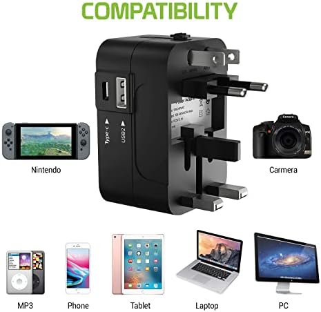 נסיעות USB פלוס מתאם כוח בינלאומי תואם ל- LG Optimus L70 עבור כוח עולמי עבור 3 מכשירים USB Typec,