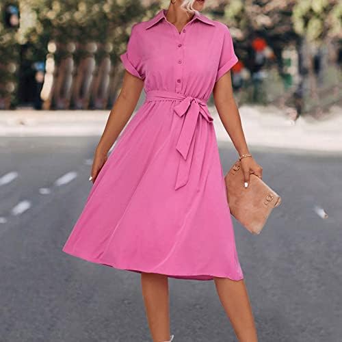 קיץ חולצת טי שמלה לנשים עם חגורה מוצק צבע זורם נדנדה שמלות כפתור למטה חולצה שמלה קצר שרוול אונליין שמלה