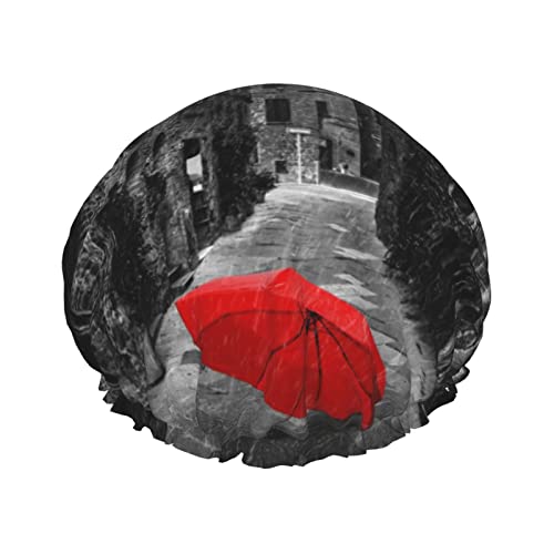 מטרייה אדומה ברחוב כהה רחוב צרה מכסה מקלחת מודפסת סאטן מצנפת כובע שיער כובעי אמבטיה אטום למים רצועה אלסטית נמתחת