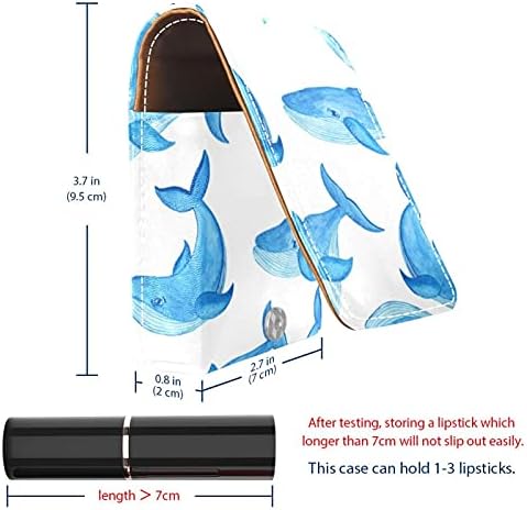 כחול לווייתן קריקטורה דפוס קטן שפתון מקרה עם מראה עבור ארנק, עמיד עור קוסמטי איפור מחזיק, נייד