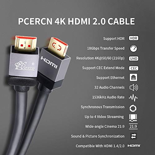 PCERCN 4K 60Hz כבל HDMI 3.3ft, HDMI 2.0 כבל עם תפסים מחבר 30 AWG OFC CORPER CORE, 18GBPS מהיר