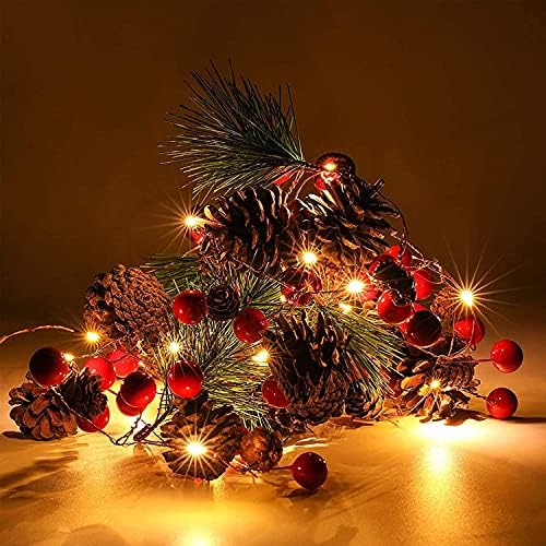 טריל חג המולד זר עם אורות, 10ft 30fle אדום פירות יער אדום חרוט אורות גרלנד אורות מופעלים, אורות