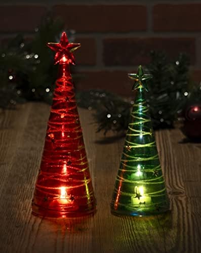 סט רד ושות 'של 9.5 ו -8 זכוכית מגוונת עץ חג המולד קישוטי פסלון עם נורות LED, עיצוב עונת החג האיר