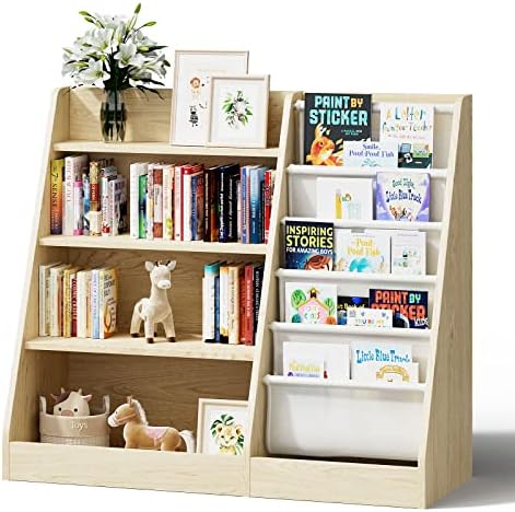 4 מדף ספרים מעץ של 4 ילדים, ארון ספרים של חמש שכבות קלע, מתלה ספרי אחסון לתינוקות, ארון מארגן ספרים וצעצועים,